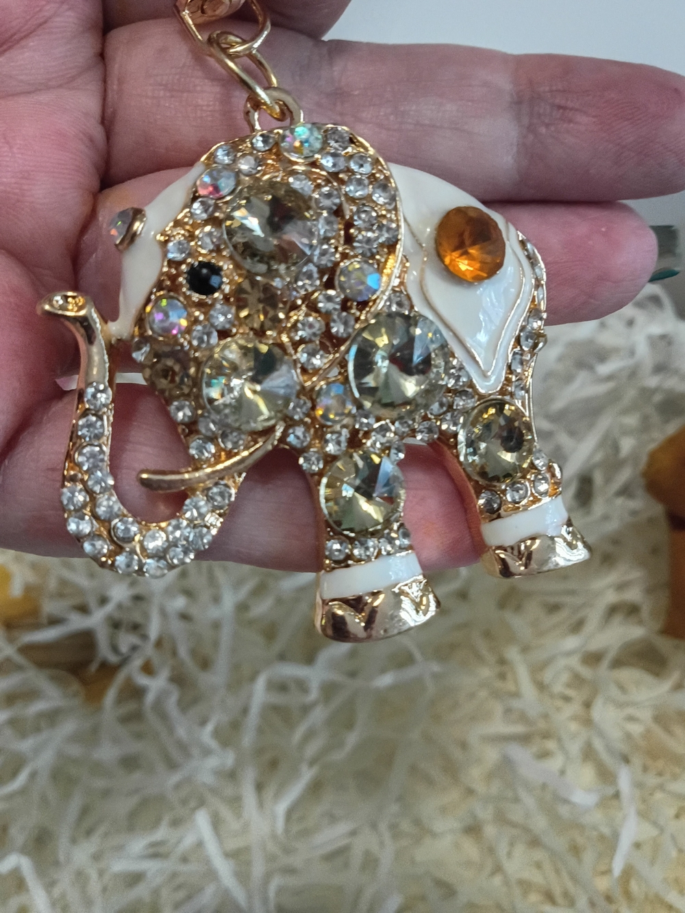 Gold and White Crystal Elephant Keychain - Women's Key & Card Holder Accessory - Picture 5 of 6